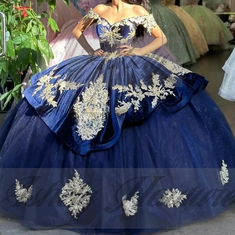 Vestidos de quinceañera azul marino mexicano personalizados, apliques de encaje, vestido de baile hasta el suelo, vestido de fiesta de graduación y cumpleaños para mujer, 15 16 niñas