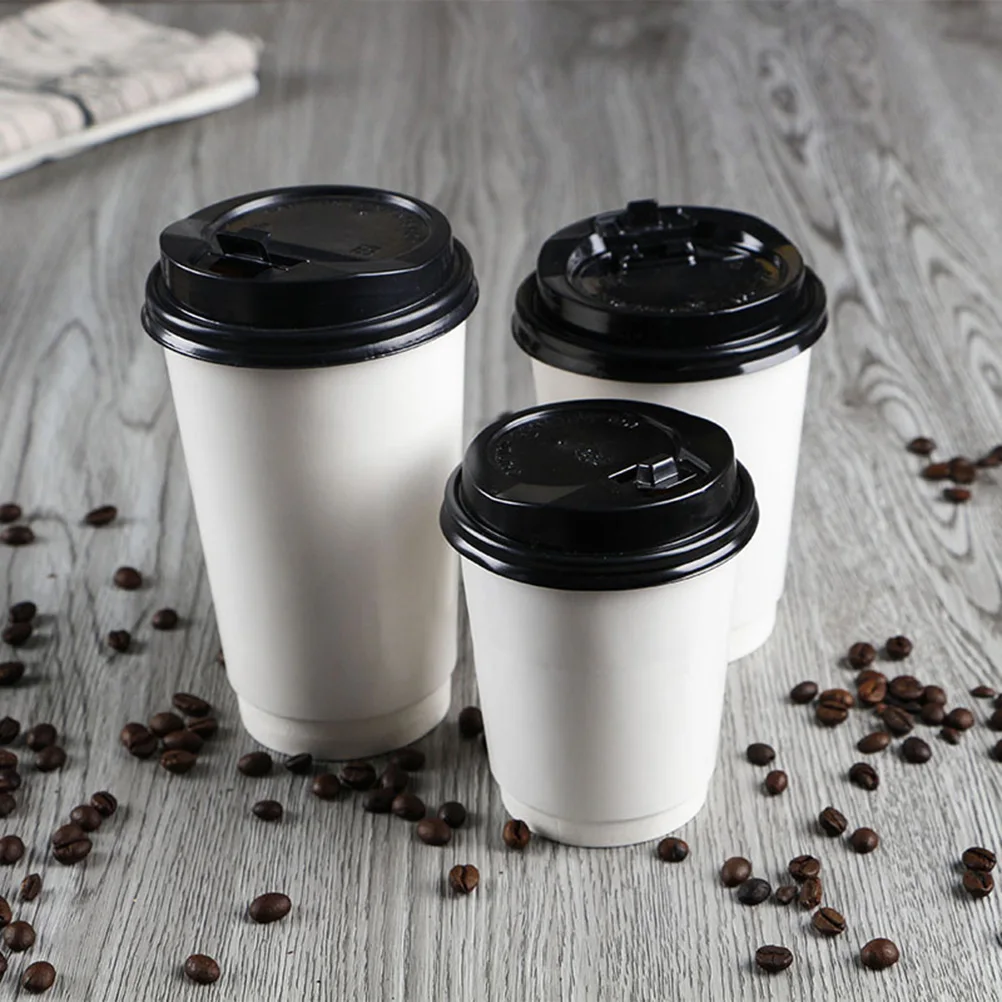 50pcs Disposable Coffee Cups Double-layer Paper Cup with Lid Milk Tea Cup Insulation Takeaway Office Drinking Accessories