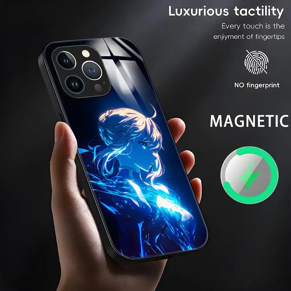 Coque de téléphone magnétique en verre, dessin animé Fate s-sabre, pour iPhone 17 16 e 15 14 13 12 11 X XR XS Plus Mini Pro Max