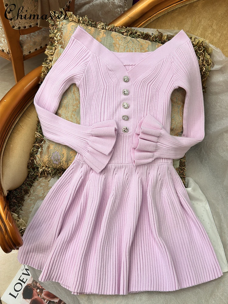 Primavera e verão nova moda rosa magro elegante vestido de malha high-end diamante fivela ombro sexy luxo curto vestido de festa