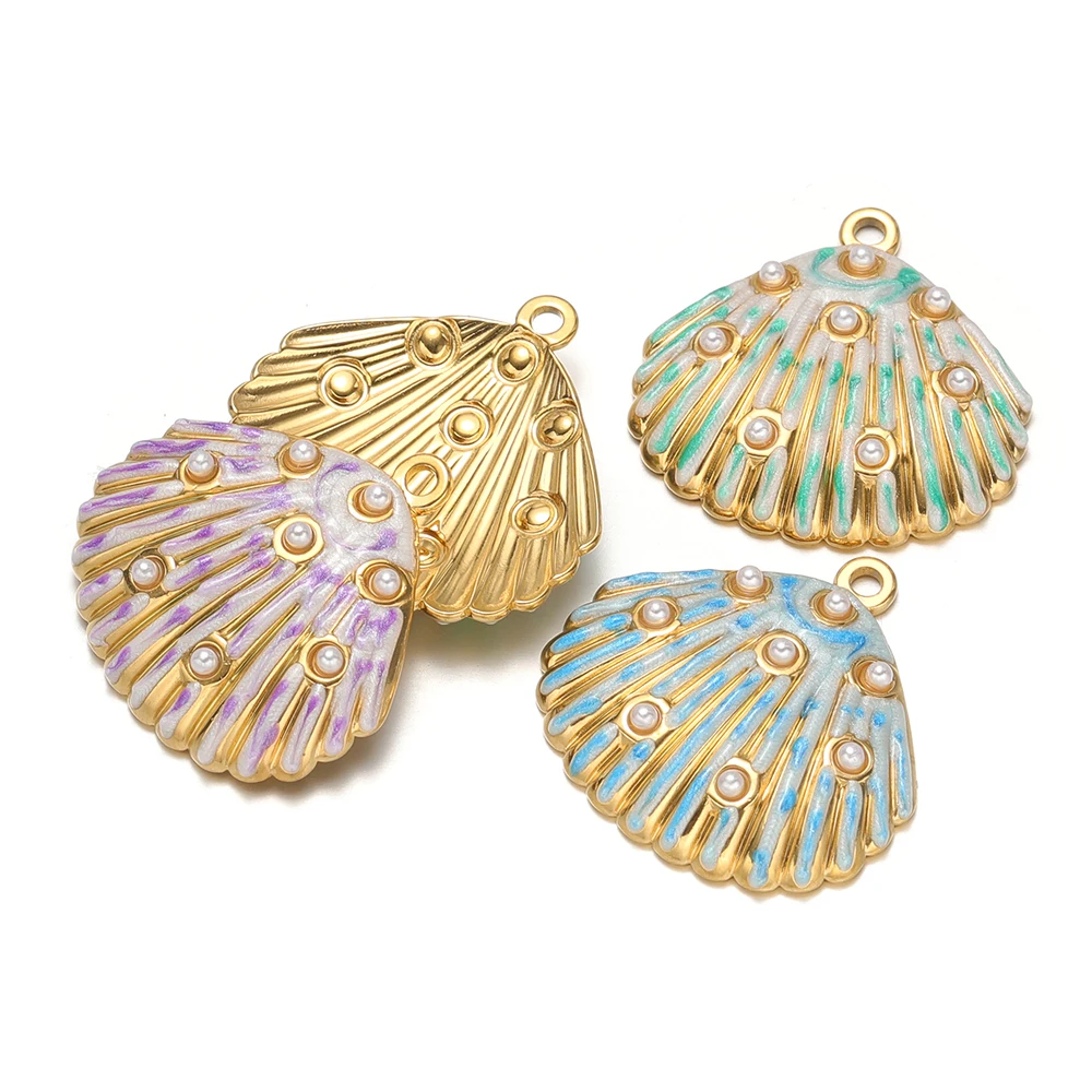 

4pcs Stainless Steel Enamel Seashell Pearls Charms for DIY Women Necklace Pendant Findings Girl Jewelry Earrings Making Supplies
