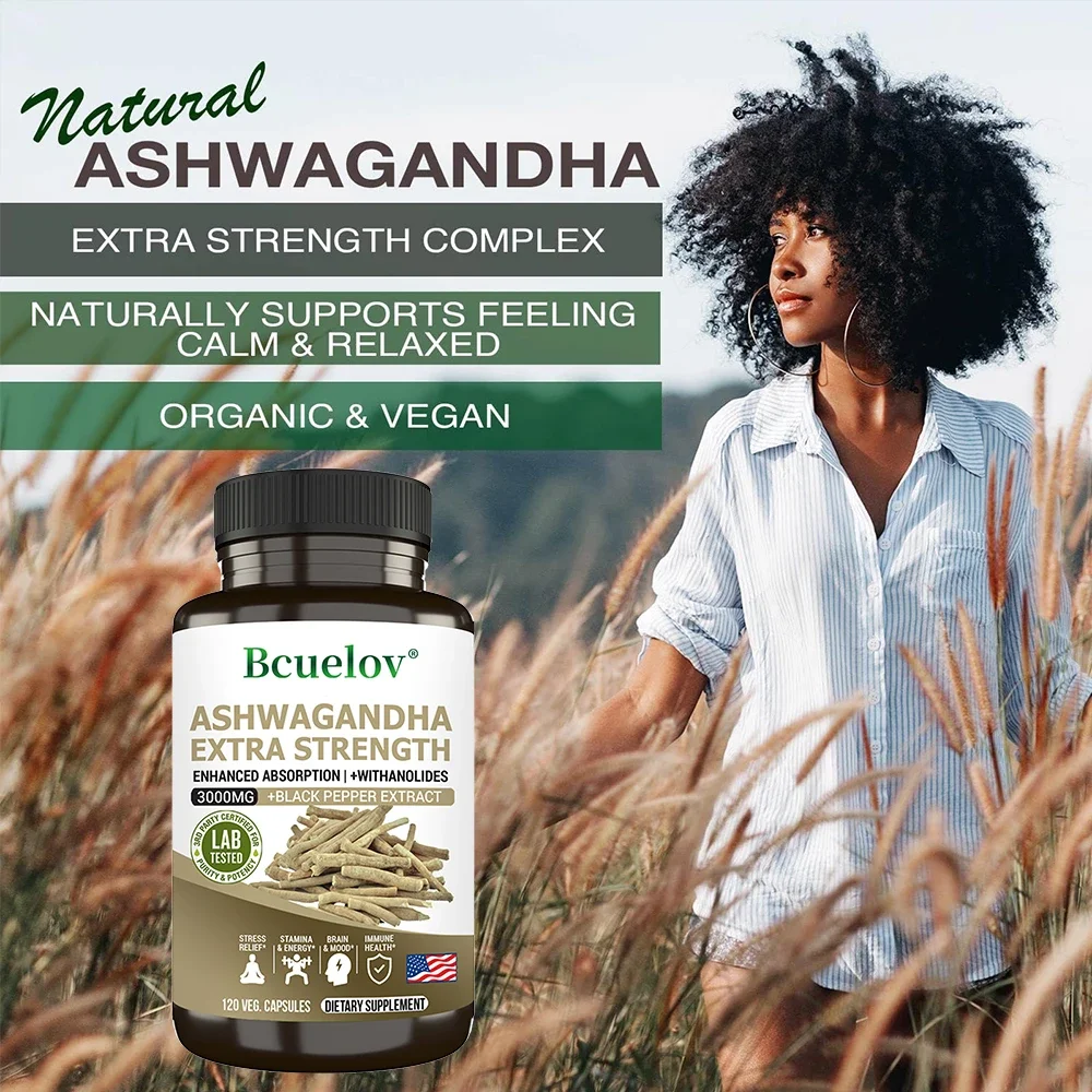 مستخلص أشواغاندا الطبيعي 3000 ملجم مكمل - الإجهاد والقلق والذاكرة والنوم والمزاج والطاقة ودعم الدماغ 120 كبسولة #2