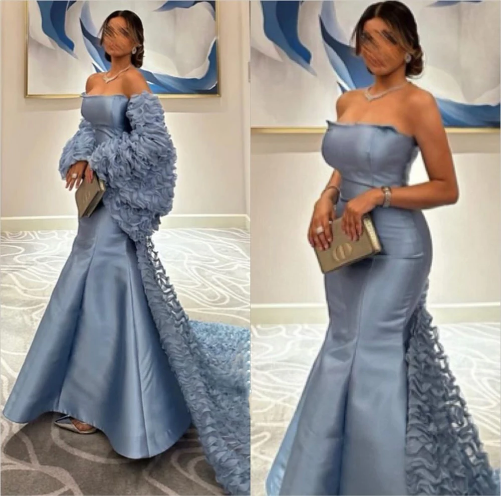 

Arabic Satin Strapless Evening Dresses Mermaid With Pleat Train Shawl Elegant Formal Party Prom Gown Vestido De Noche Customized