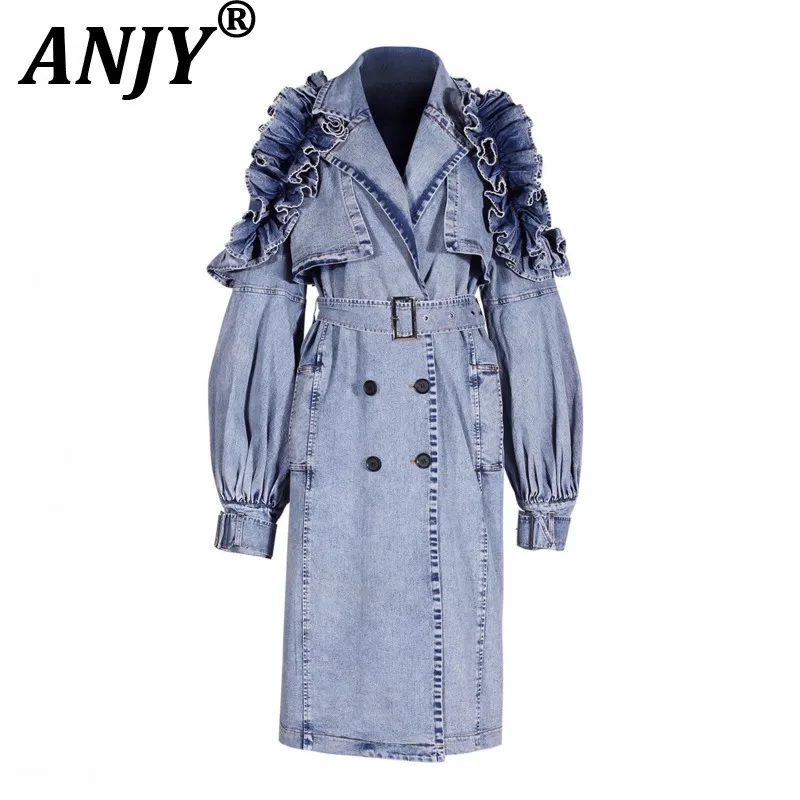 

ANJY Autumn Winter New Women American Fashion Denim Ruffle Trench Coat Waist-Cinching Stylish Sashes Personality Overcoat A13022
