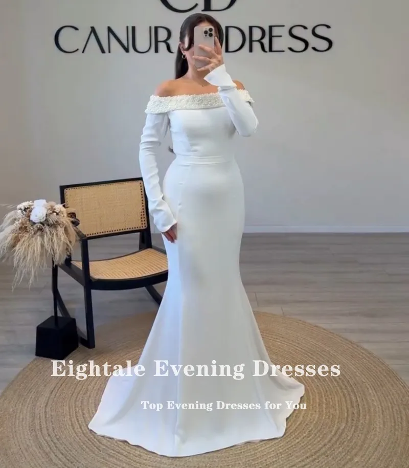 Robe de soirée arabe de quatre-quarts, personnalisée, perlée avec perles, manches longues, en Satin extensible, sirène, robes de bal de mariage