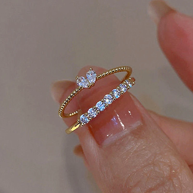 Gold Adjustable Heart Zircon Stackable Ring for Women