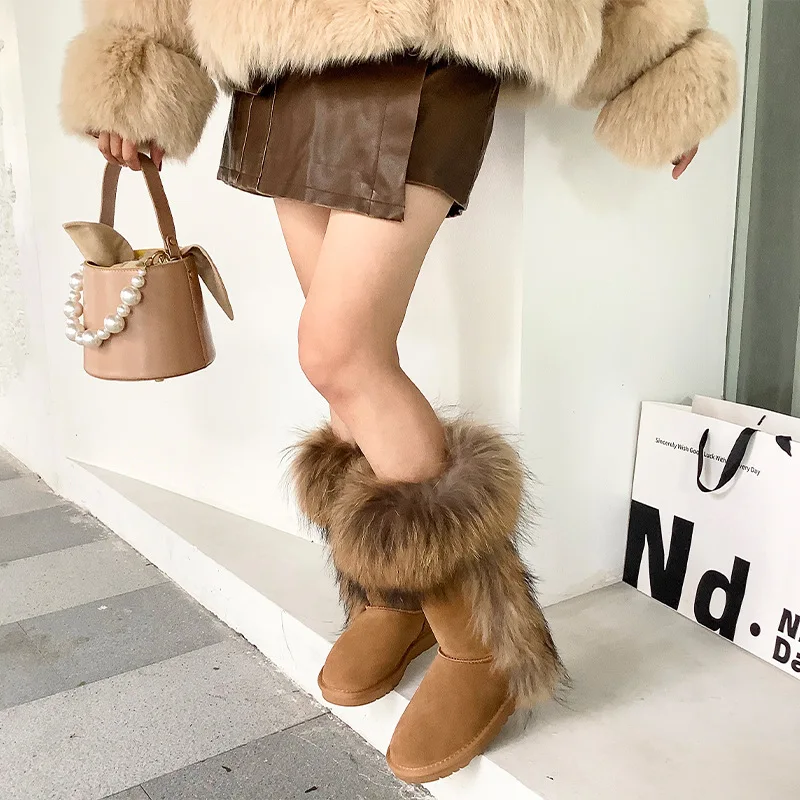

Thickened Mid-Calf Faux Fur Lined Snow Boots Women's Guangzhou Fur Real Leather Cotton Shoes Warm Winter Boots Rabbit Fur