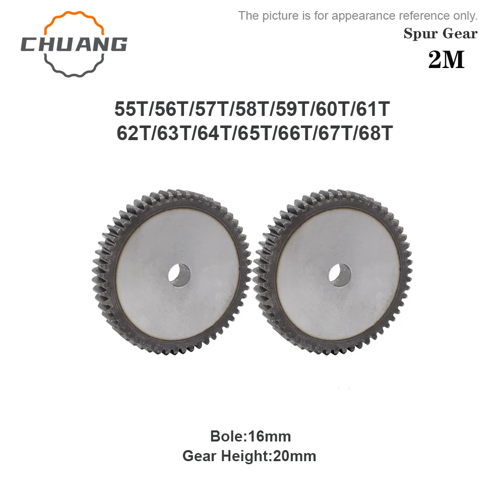 

2 M Spur Gear 55/56/57/58/59/60/61/62/63/64/65/66/67/68T SC45# Carbon Steel Material Cylindrical Gear Transmission Accessories