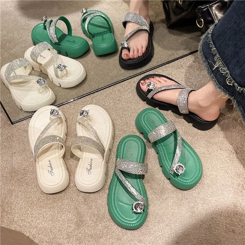 Summer 2024 Crystals Height Thick Women's Slippers and Ladies Sandals Jewels Platform Shoes Slides Outside Rhenstone Pvc 39 F W