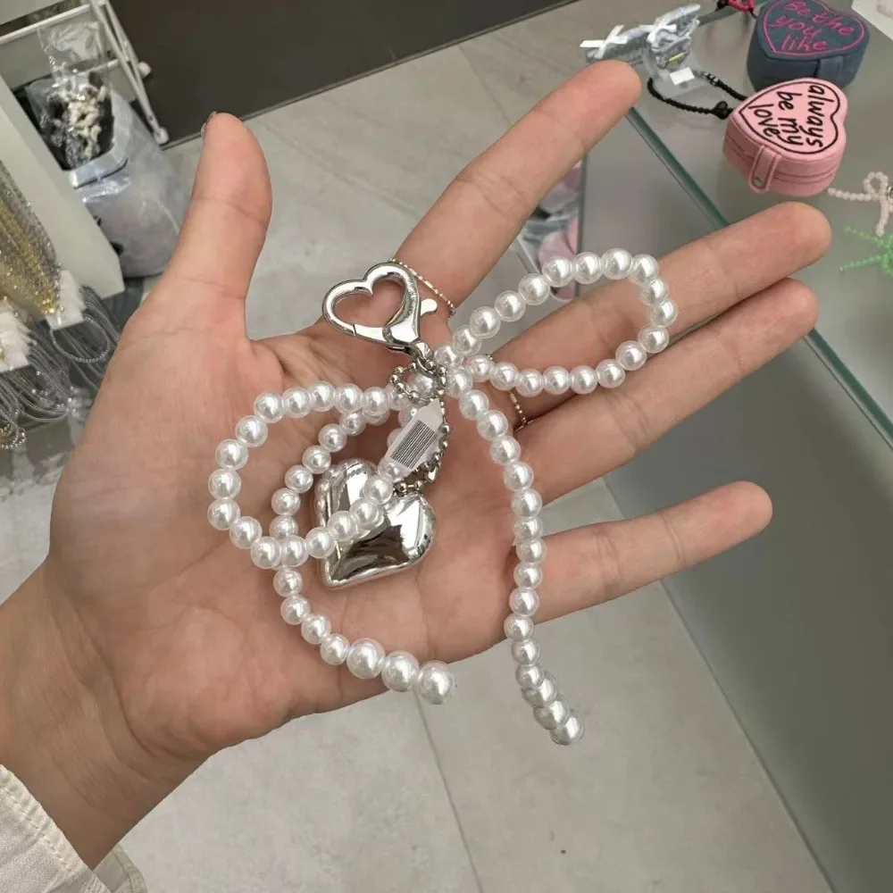 Cute Bow Imitation Pearl Keychains for Iphone Phone Case Women Fashion Heart Bag Pendant Mobile Phone Chain Kpop Jewelry