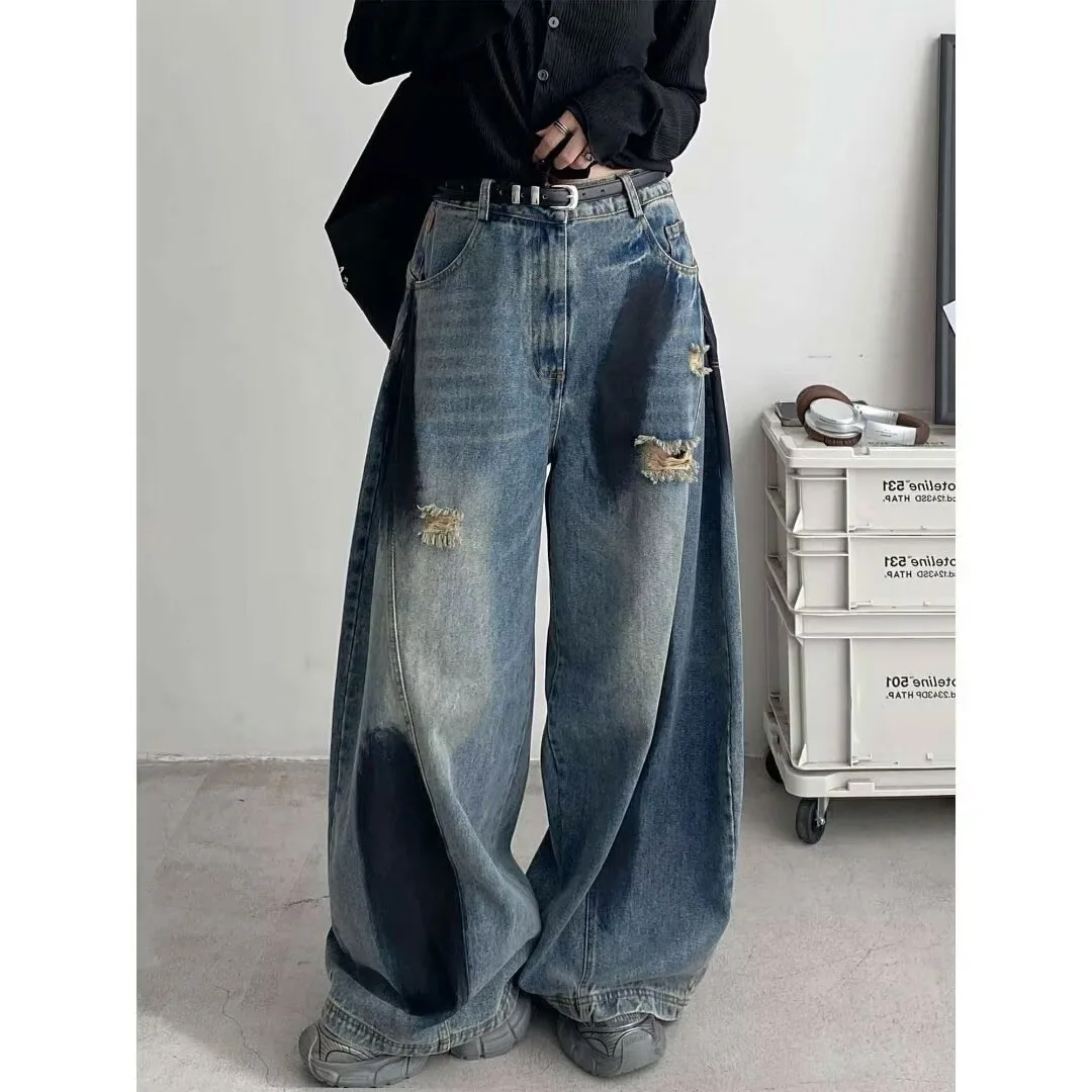2026 Vintage Splash Ink Curved Jeans for Men Women Unique Design Versatile Wide Leg Loose Streetwear Casual Denim Pants Unisex