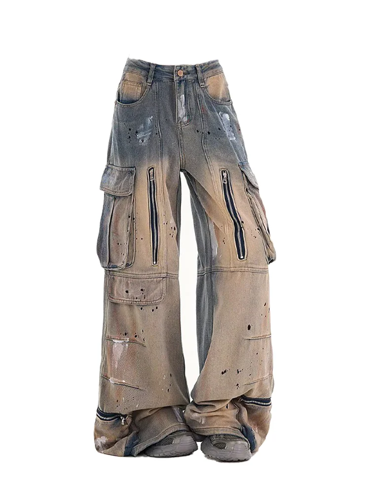 

Women's Blue Gradient Cargo Baggy Jeans Y2K Japanese Harajuku High Street Aesthetic 2000s Wide Leg Denim Pants Clothing 2025 New