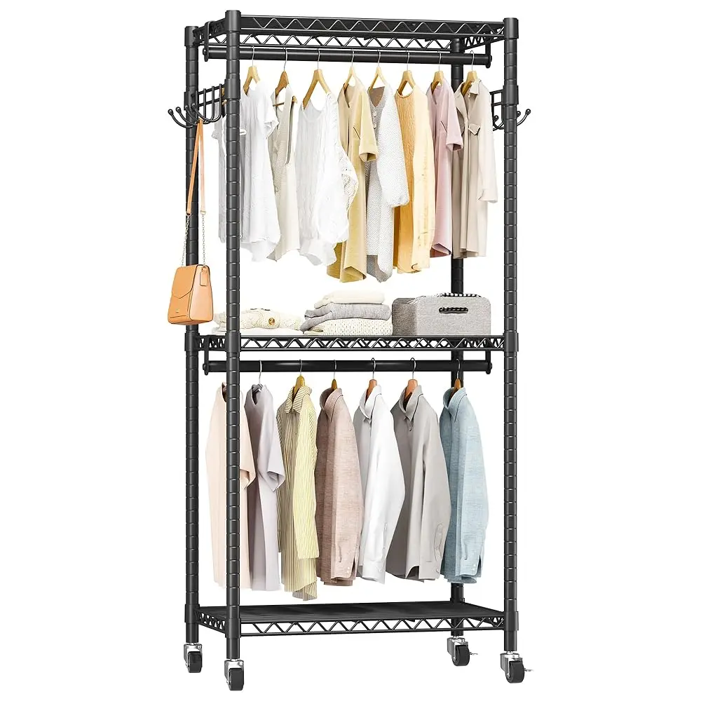 

Mini Rolling Clothes Ra With Adjustable Metal Wire Shelving, Heavy Duty Clothing Ra For Hanging Clothes, Portable Closet With