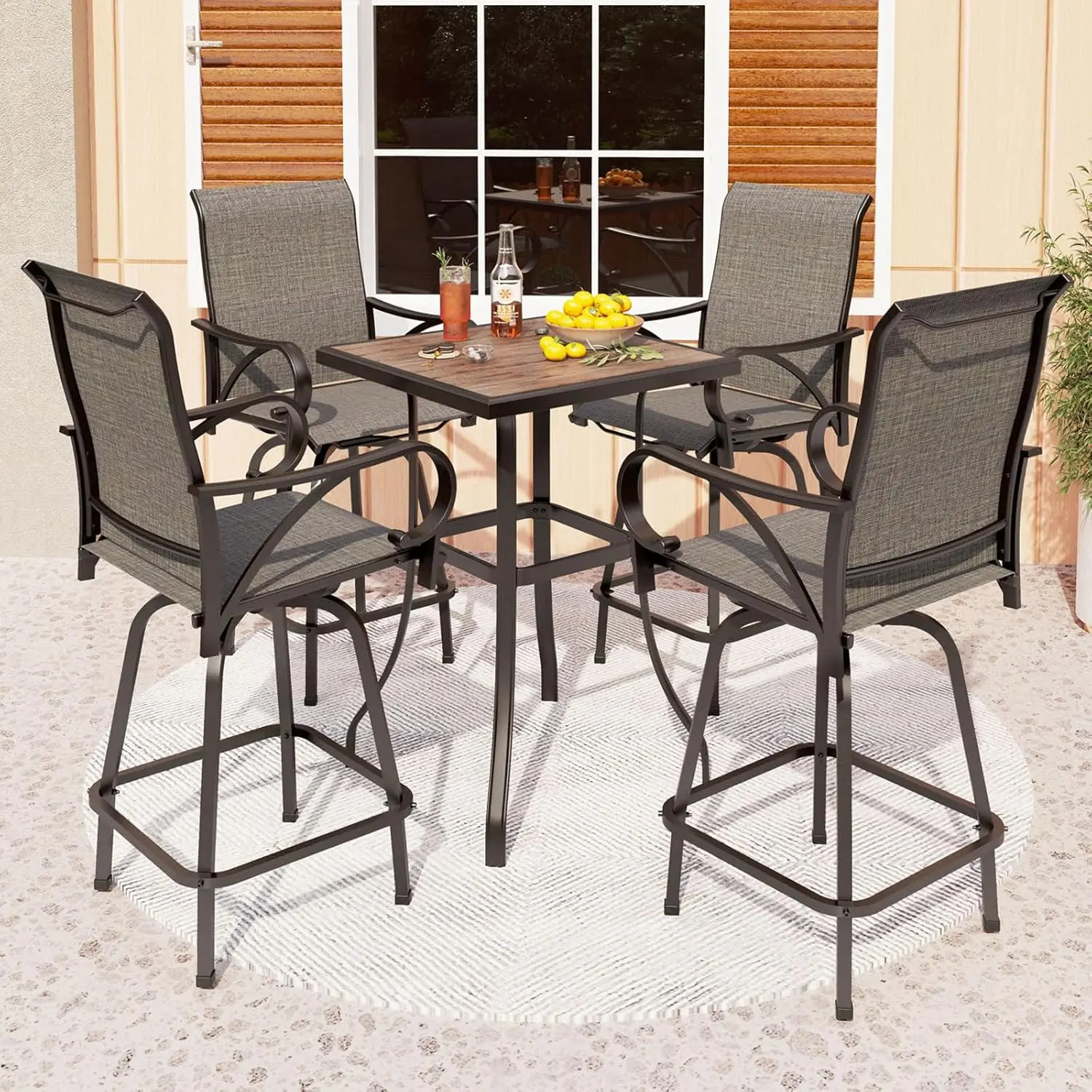 #5 Piece Outdoor Bar Set High Top Patio Table & 4 Swivel Bar Stools Square Bistro Table for Garden Yard, Customized