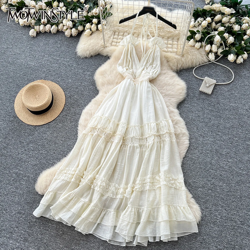 

TWOTWINSTYLE Solid Slimming Elegant Long Dresses For Women V Neck Sleeveless Backless High Waist Sexy Dress Female New KDR543942