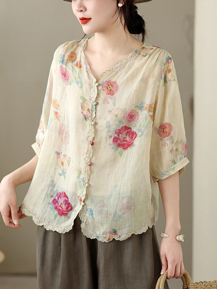

Artistic Sweet Youthful Printed V-Neck Linen Five-Sleeve Shirt Women Summer Thin Cotton-Linen Loose Fit Casual Top