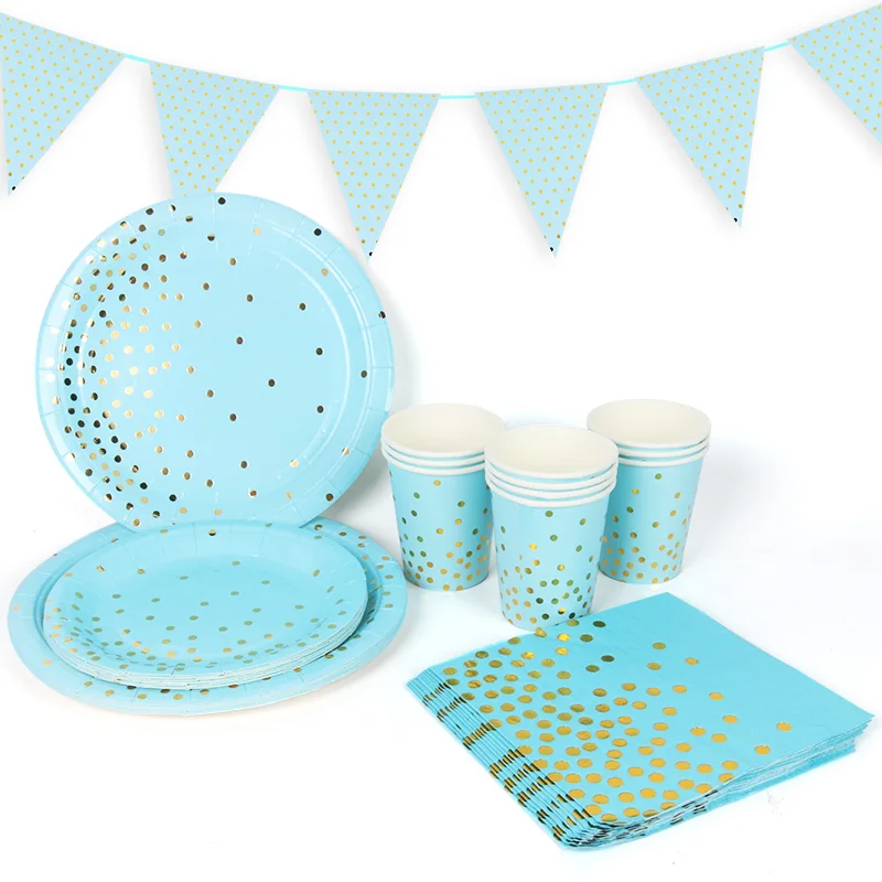 Blue Bronzing Dots Disposable Tableware Paper Plates Straws Cups Tablecloth for Kids Birthday Party Baby Shower Wedding Decor