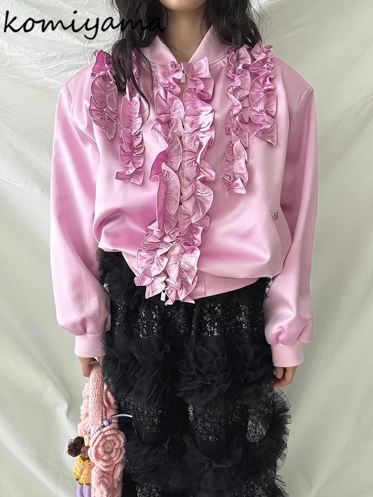 

Осенняя новая милая куртка Chaquetas De Mujer с оборками 2024, женские куртки с длинными рукавами, милая верхняя одежда на молнии Casaco
