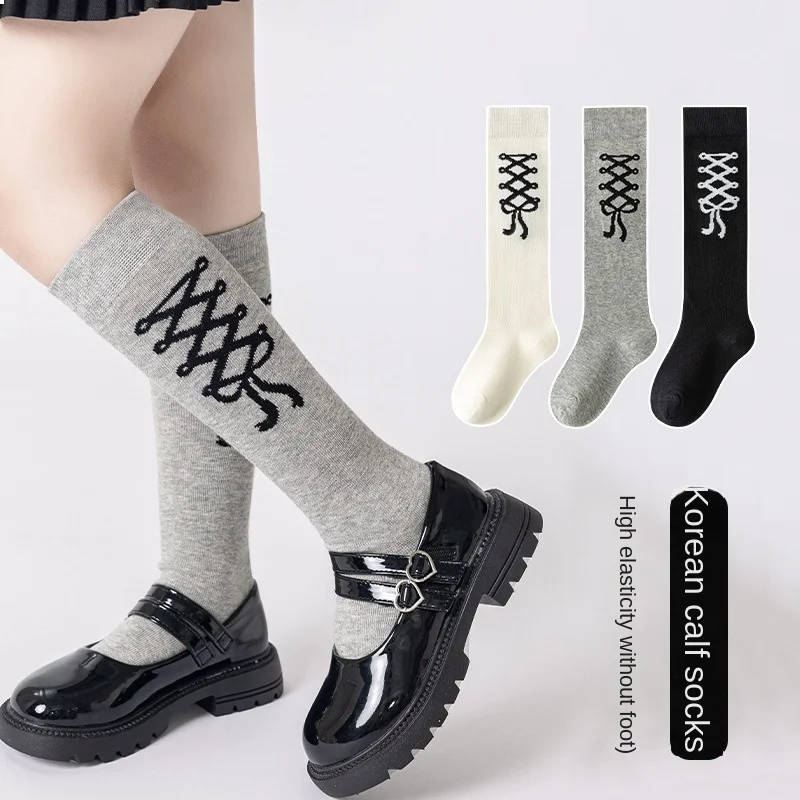 3 أزواج الفتيات الركبة عالية ترهل الجوارب أسود أبيض رمادي القوس الربيع تكويم الجوارب للأطفال 3-12Y الأطفال جورب المدرسة عادية #4