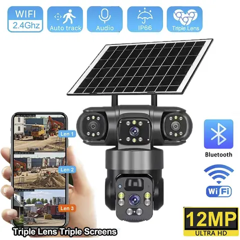 4G Solar Camera Three Lens Three Screen 360 Degree Panoramic Monitoring HD Night Vision Wireless WiFi Outdoor Security Camera