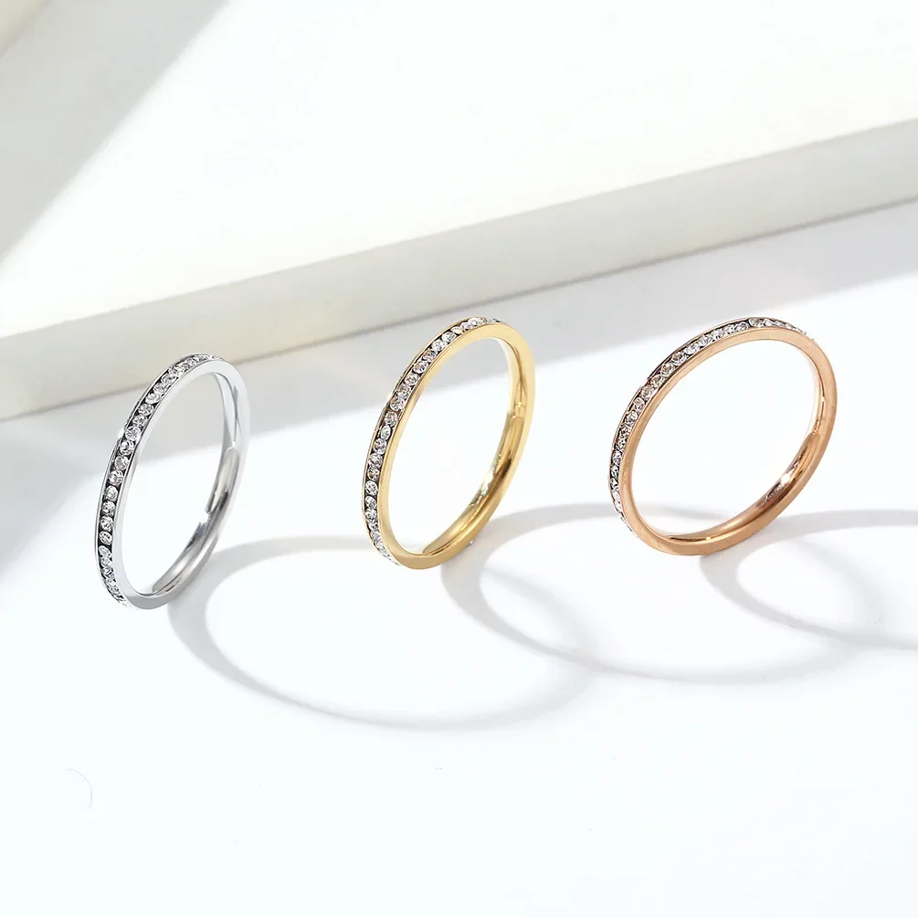 Anillos de acero inoxidable con cola de 2mm para mujer, piedras de circonita totalmente pavimentadas, anillo pequeño de Color plateado, negro y dorado