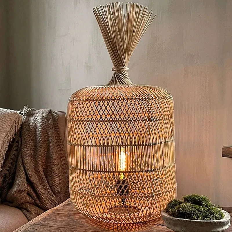 Chinoiserie Portable Rattan Floor Lamp Vintage Nostalgic Simple Luminaire for Teahouse Living Room Bedroom Bedside Corner Lights