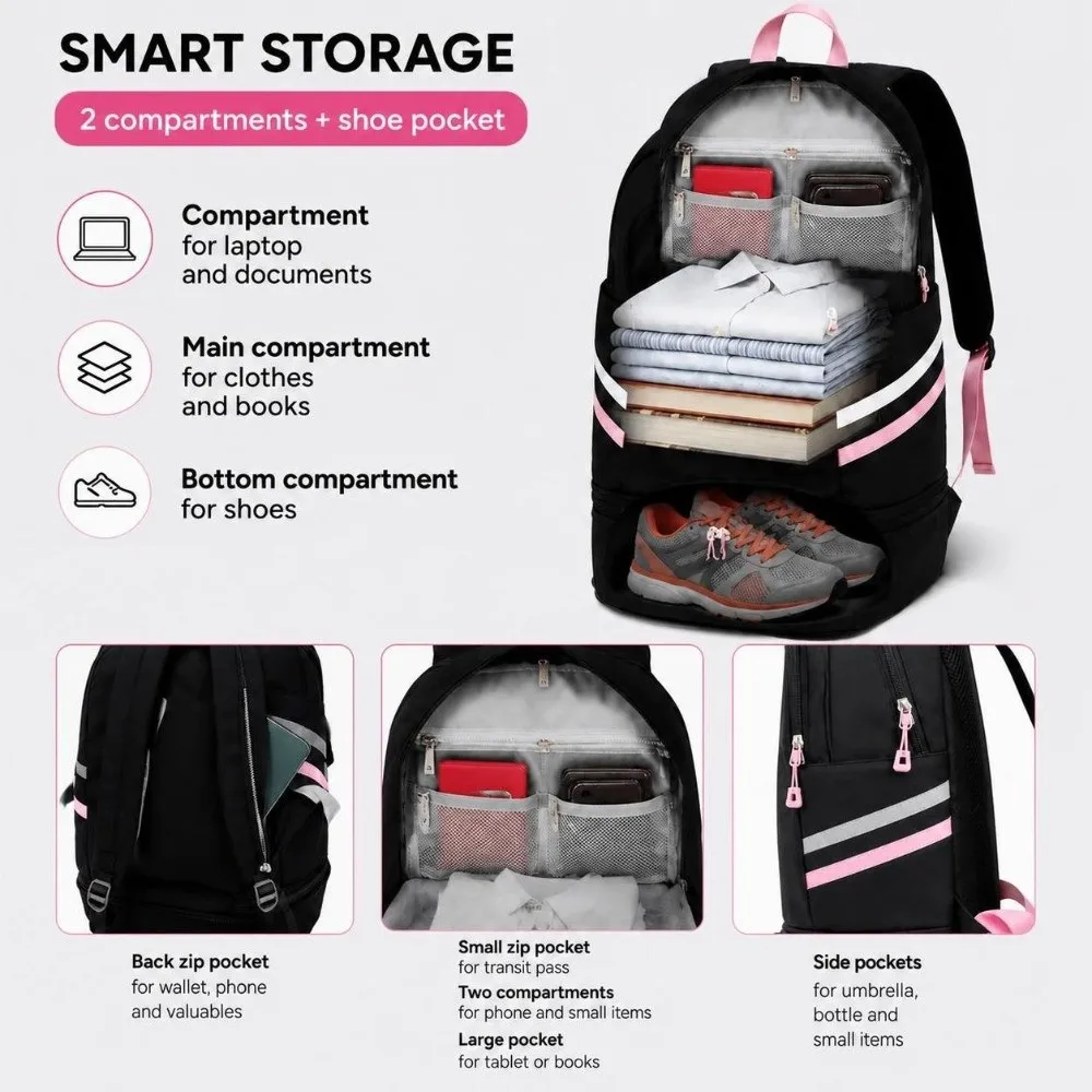 Dry-wet Separation Gym Backpack Reflective Strip Design with Shoe Compartment Travel Backpack Large Capacity Foldable Gym Bag