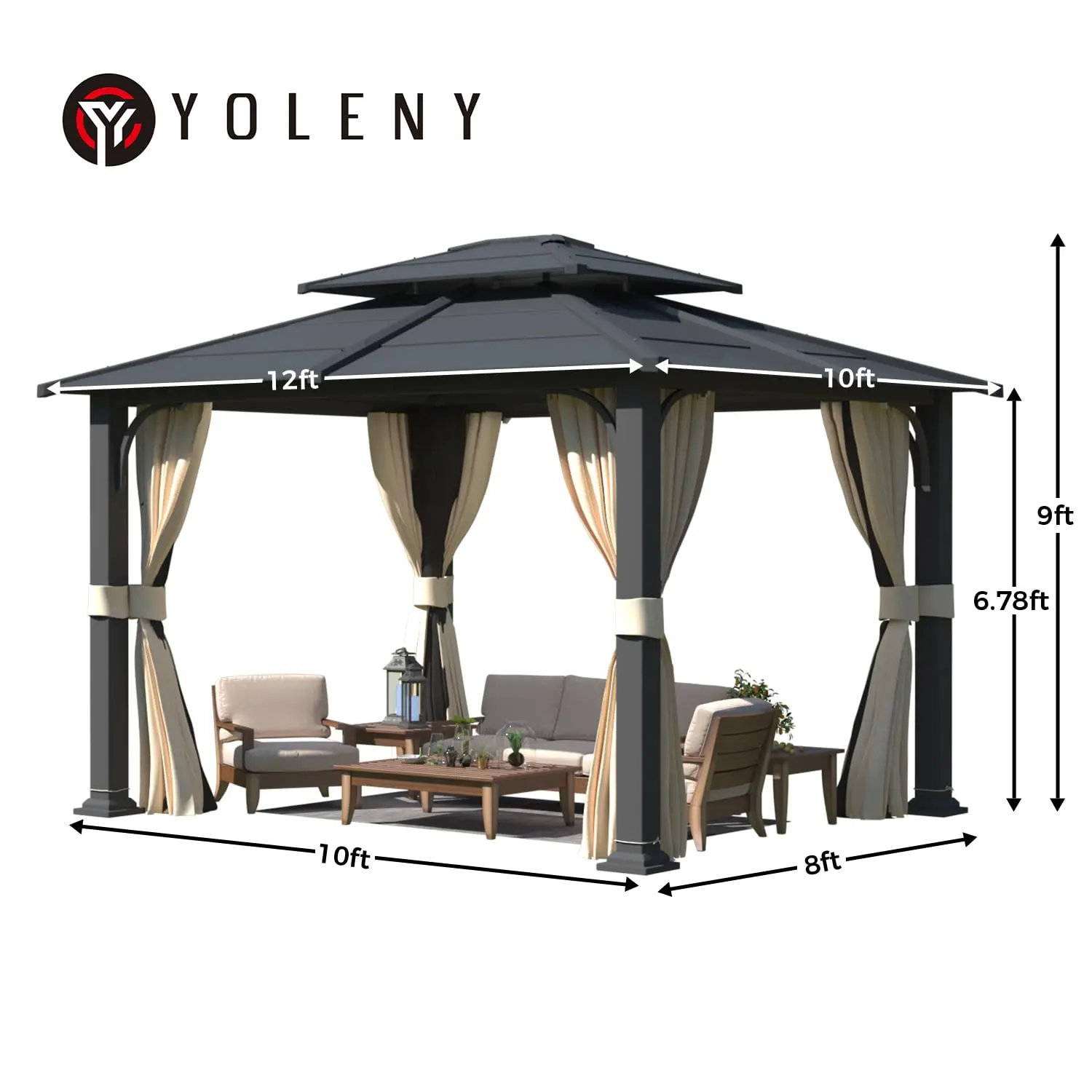 10'x12' Gazebo with Galvanized Steel Roof, Hardtop Double Roof with Anti-Rust Coating, Outdoor Gazebos with, Customized