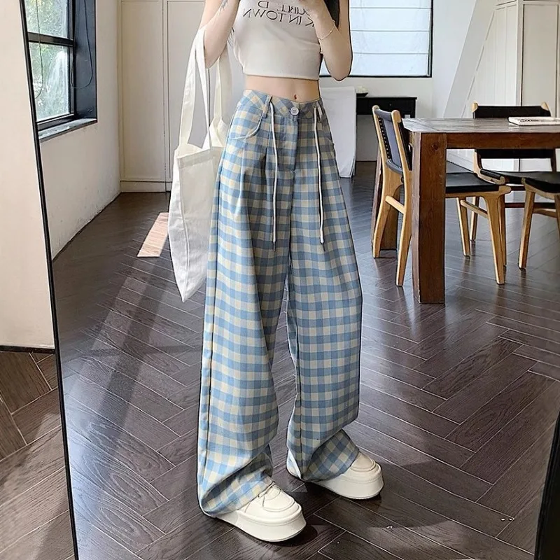 Women Blue Plaid Wide Leg Pants Spring Summer Plus Size Loose Casual Trousers For Pear Shaped Figure