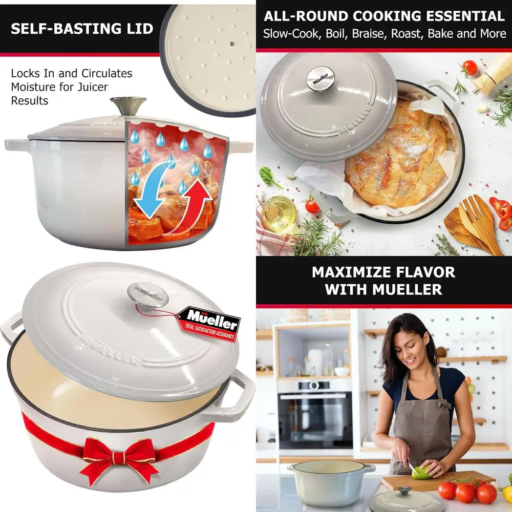 

Oyster White Enamel Cast Iron Dutch Oven, Heavy-Duty Casserole and Braiser Pan with Lid and Stainless Knob, Oven-Safe to 500°F f