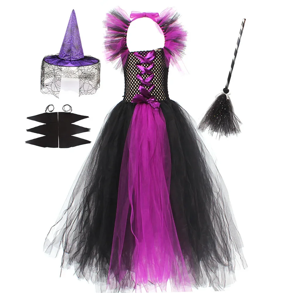 Costume de Sorcière à Manches Chauve-Souris pour Fille, Robes Élégantes, Vêtements de Performance, ixd'Halloween, Jupe en Tulle pour Enfant