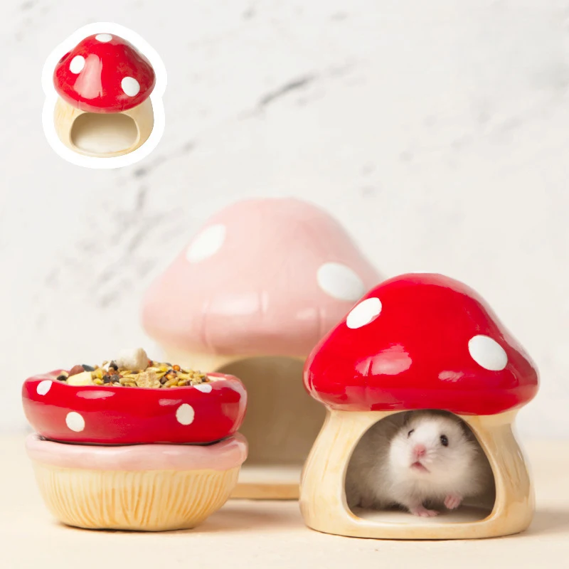 

Ceramic Mushroom Shape Hamster Food Bowl and Hideout Combines Feeding Station with Sleeping House for Rodent Pet Accessories