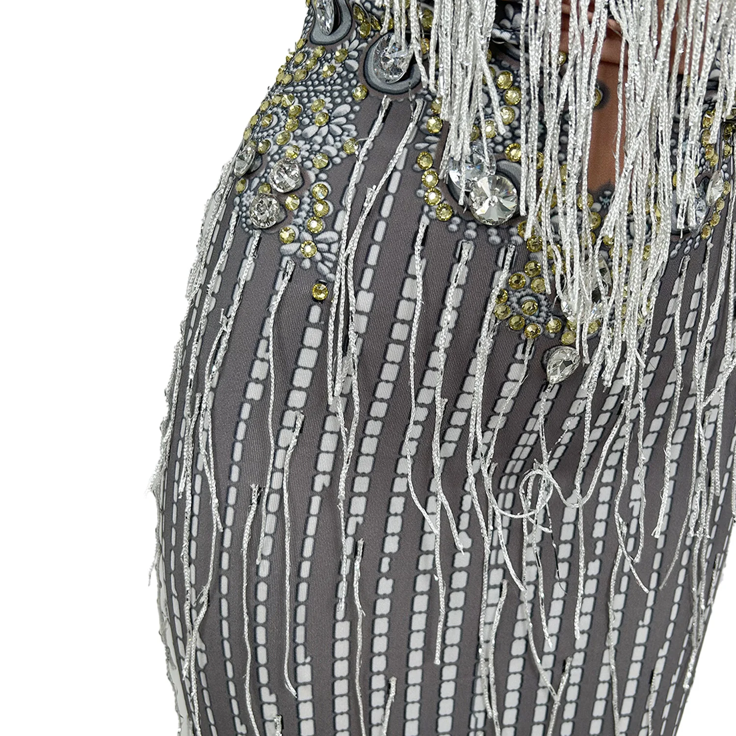 SpandexTight Fitting Long Dress Sparkly Rhinestone Tassel Printing Evening Gown Birthday Party Outfit Sexy Women Elegant Gown