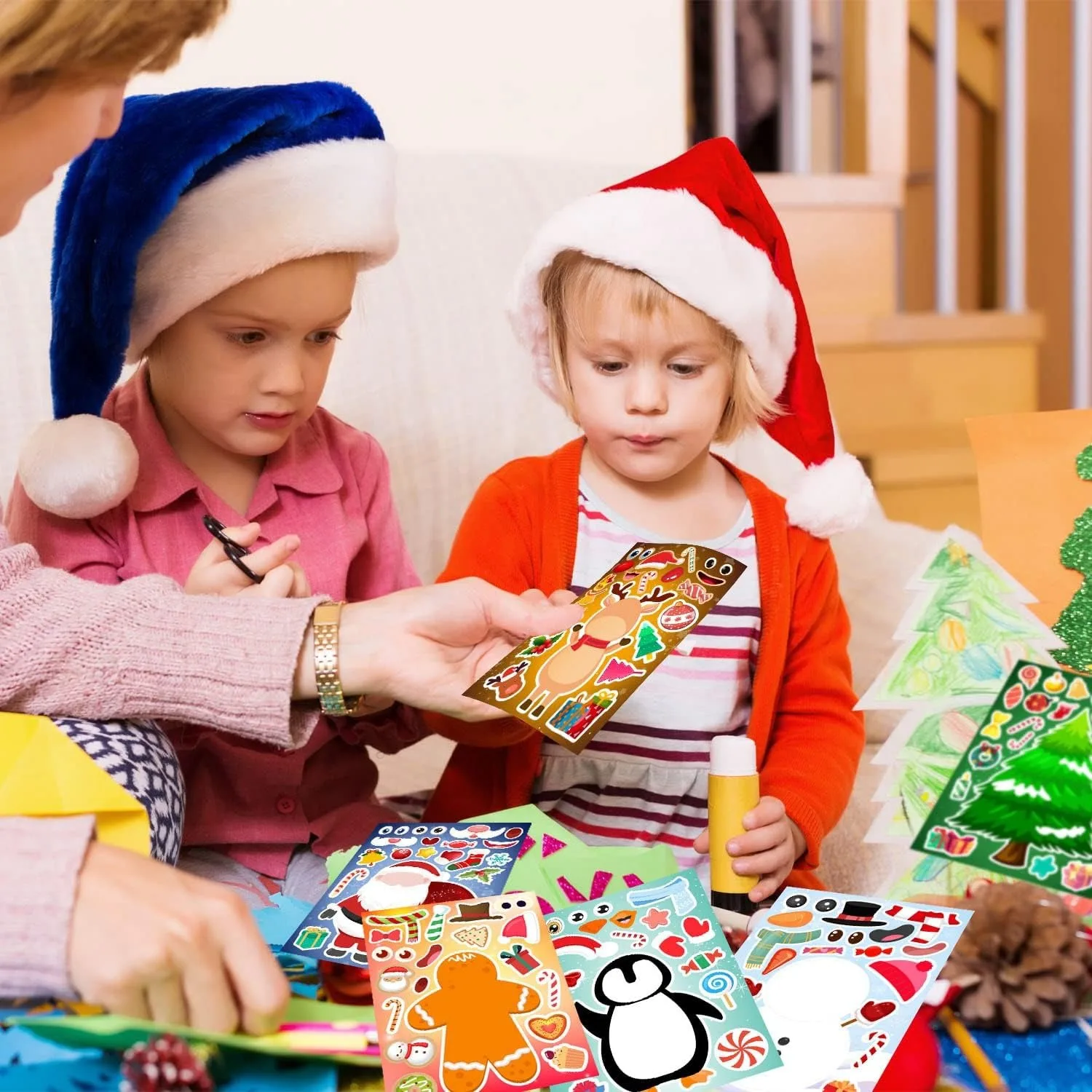 6/12 Vellen Cartoon Kerst Puzzel Stickers Kids DIY Pinguïn Elanden Kerstman Maken Een Gezicht Stickers Kinderen Educatief Speelgoed