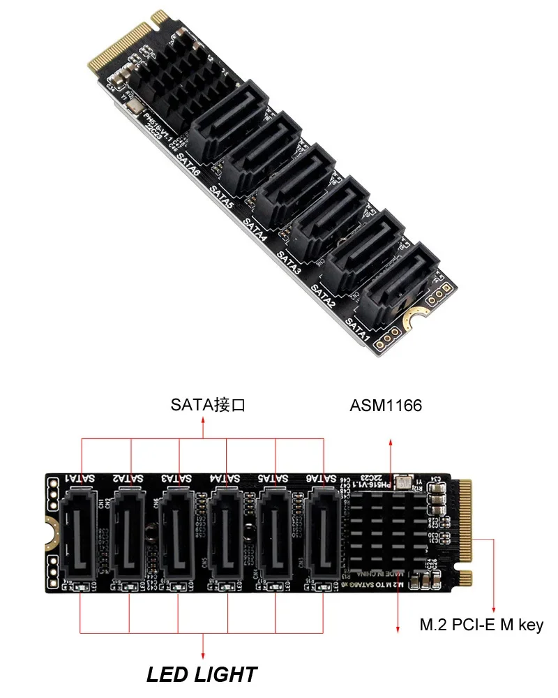 M.2 NVME PCI-E PCIE X4 X8 X16 To 6 Port 3.0 SATA Adapter Card Riser III ASM1166 6GB/S   Chassis server PC Computer Expansion