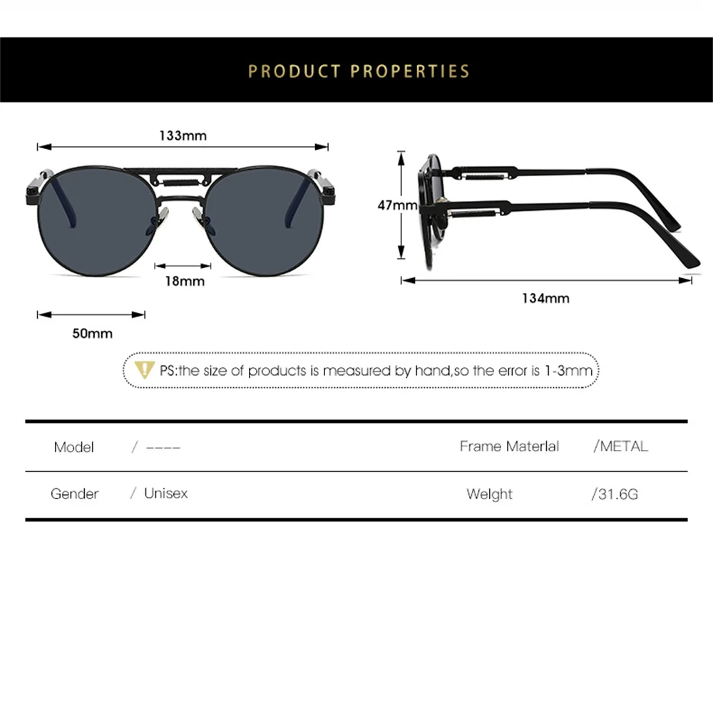VIVIBEE Runde Steampunk-Sonnenbrille Vintage Herren UV400 Metall Hip-Hop 2026 Sonnenbrille Damen Hochwertige Retro-Brille – Detail 7