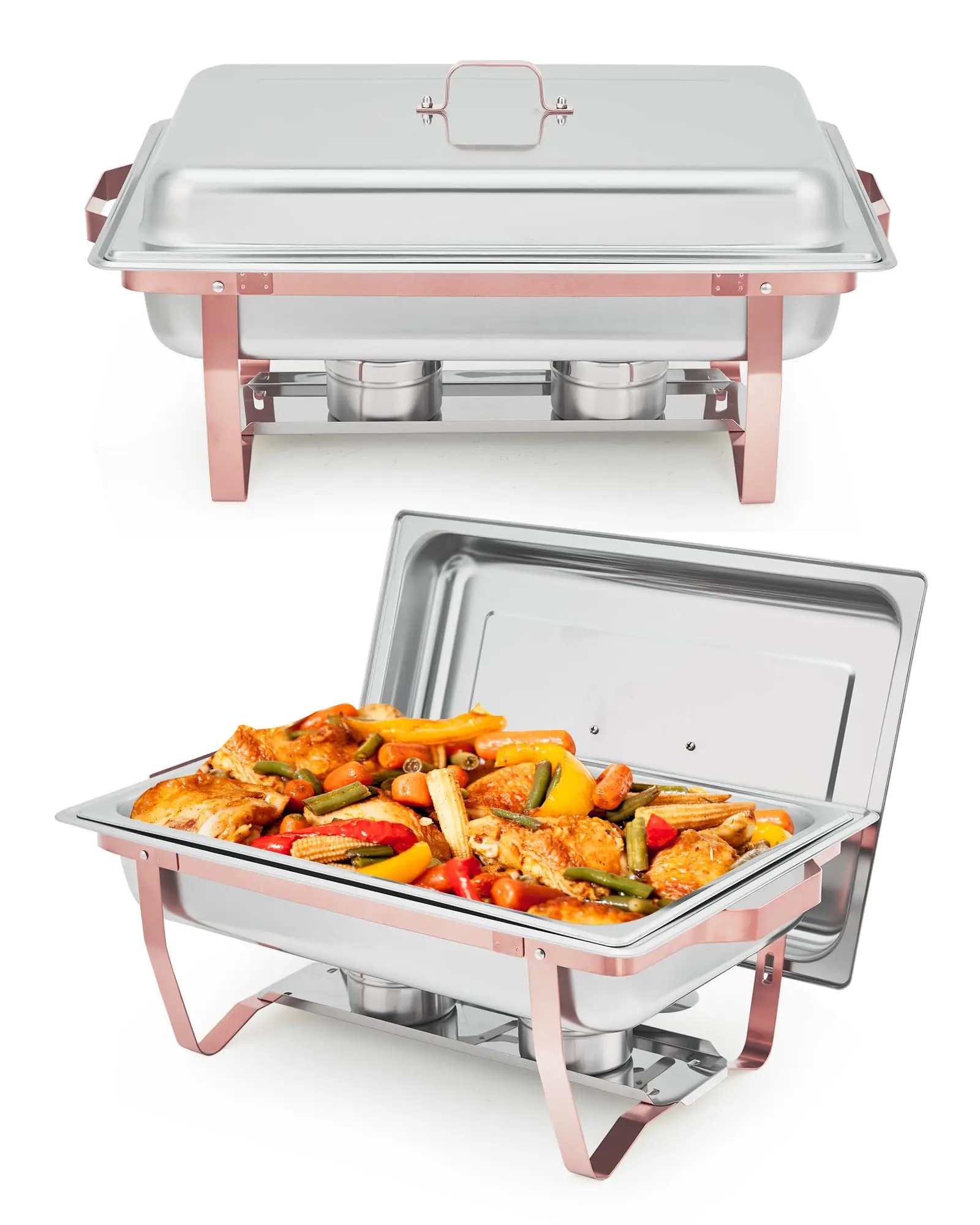 8QT Stainless Steel Chafing Dish Set – Rose Gold Rectangular Buffet Food Warmer with Lid & Collapsible Frame for Catering, Weddings, Parties