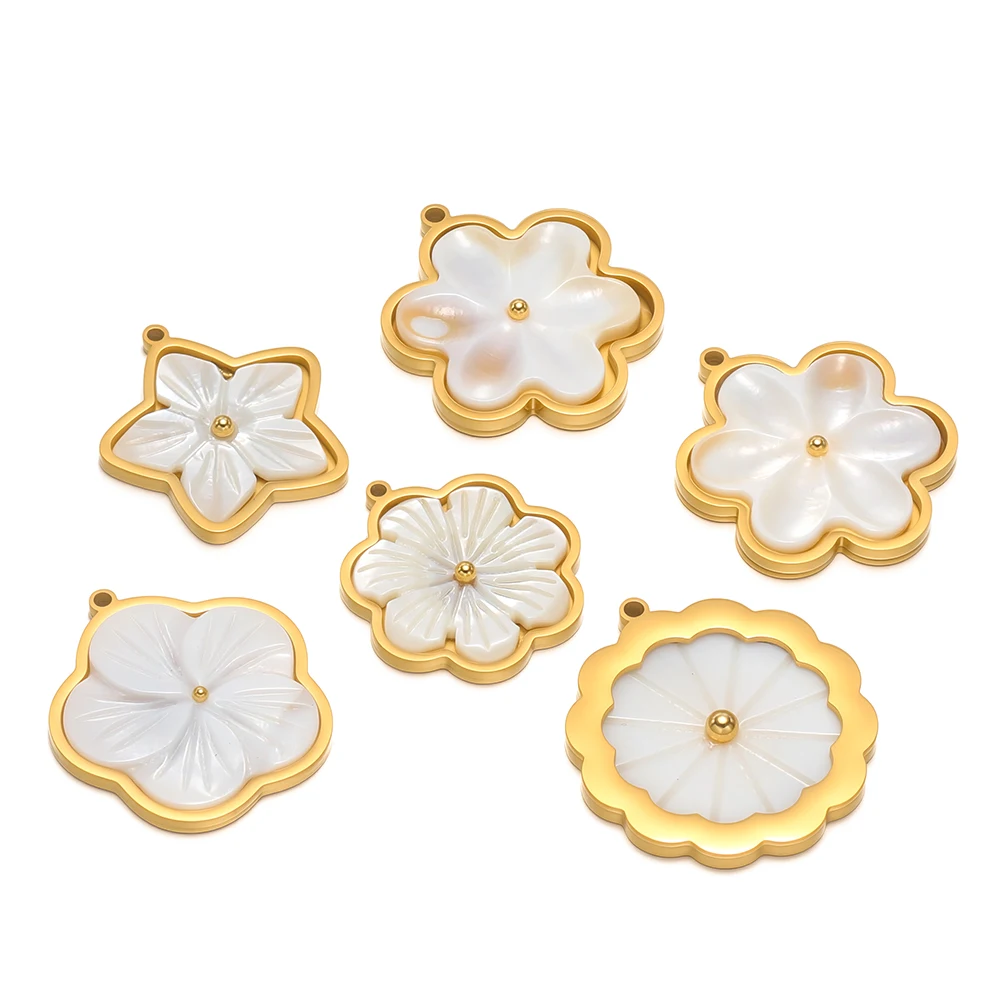 3 Stück Edelstahl-Blumen-Anhänger mit flacher weißer Muschel für DIY-Schmuckherstellung für Frauen, Halsketten, Ohrringe, Anhänger und Zubehör. – Detail 3