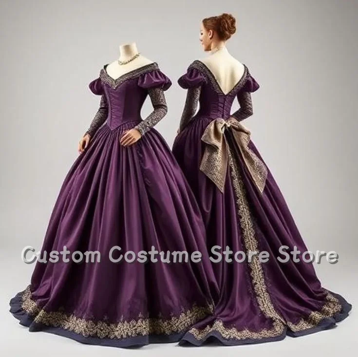 

Customized Elegant and Luxurious Purple Medieval V-neck Ball Gown Long Sleeves Backless A-line Train Bow Decoration Evening Dres