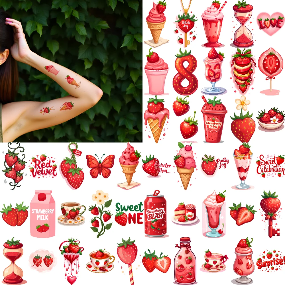 Autocollants de tatouage temporaire doux, 63 pièces, autocollants imperméables et durables pour le corps, Desserts aux fraises, dessin animé pour adultes et enfants