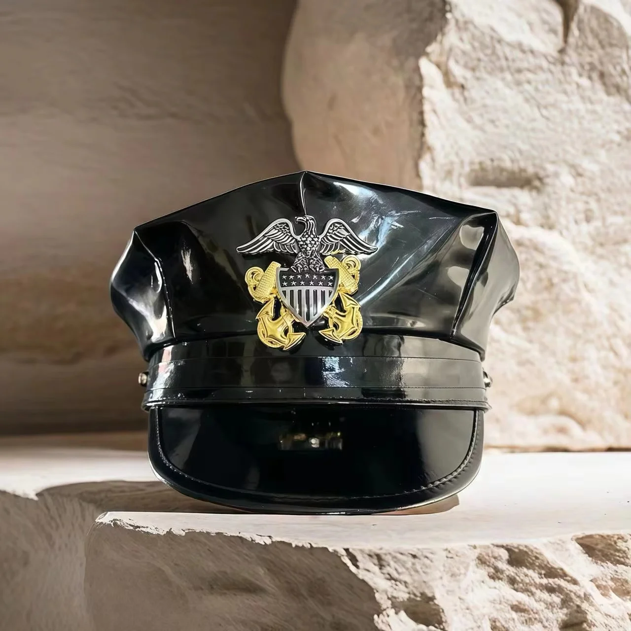 홍루안 레이저 가죽 캡틴 모자 라인스톤 & 여성용 밀리터리 캡, 레이브 페스티벌 액세서리 & 파티 캡 남성 코스프레 여성용