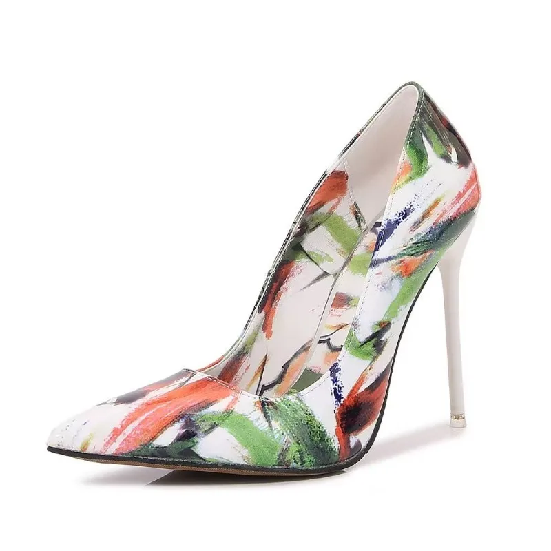 High Quality Women High Heels Graffiti Painted Sandals Woman Pumps Pointed Party Shoes Slim High Heels Plus Size 35-46