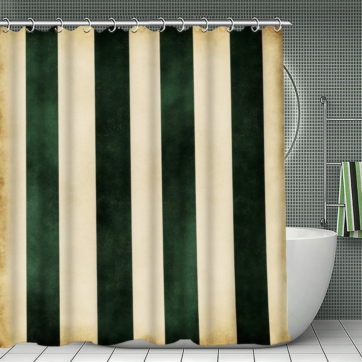 

Premium Striped Shower Curtain Waterproof Beige Green Vertical Stripes Bathroom Shower Liner 180x180cm Bathroom Decor
