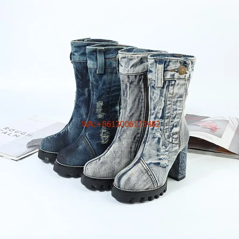 

New Vintage Denim Mid-Calf Boots Woman Canvas Side Zipper Chunky Heels 9.5Cm Short Boots Motorcycle Denim Blue Jeans Warm Boots