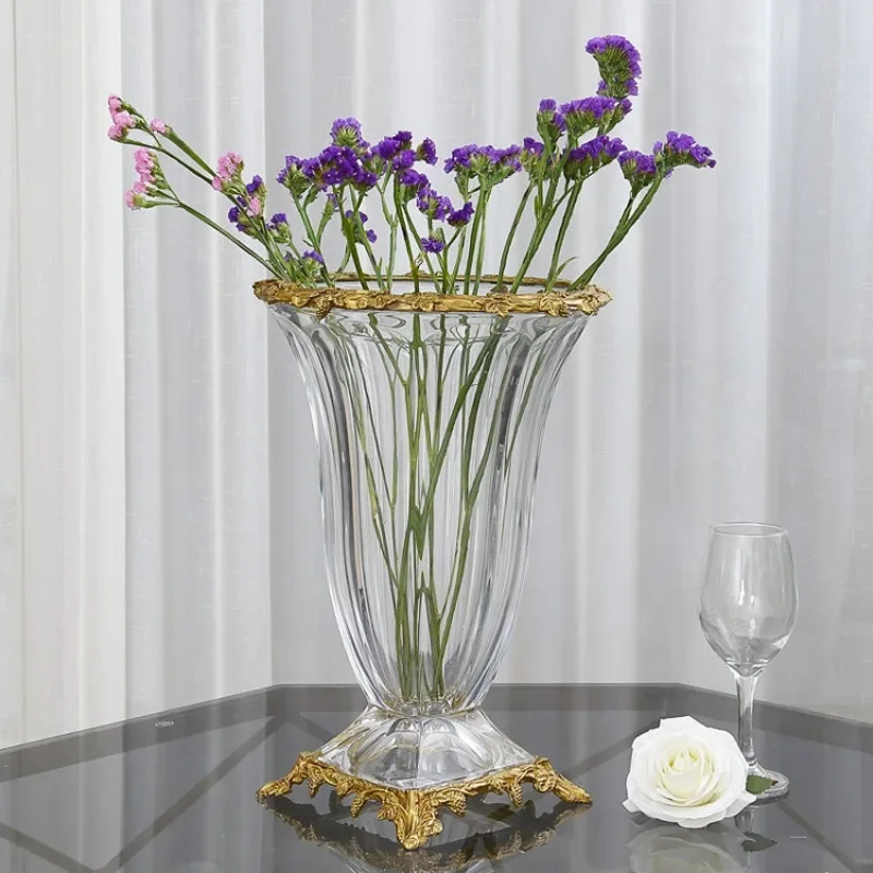 European and American pure copper crystal glass vase hydroponic transparent flower insert high-end luxury living room decoration