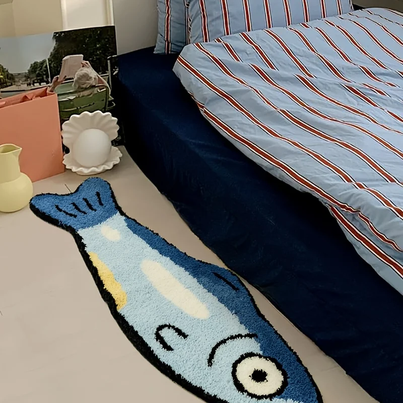 Cute Cartoon Fish Shaped Rug Blue Sea Animal Tufted Floor Mat Soft Non Slip Washable Area Carpet  Bedroom Aesthetic Home Decor