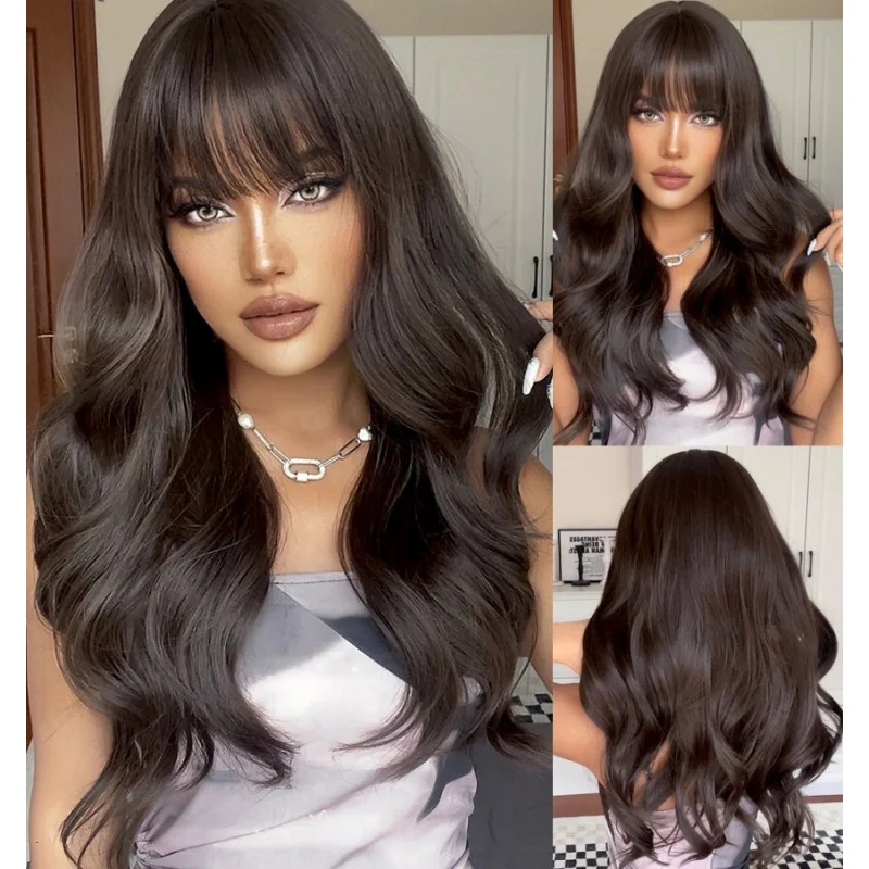 

Dark Brown Wigs With Bangs Heat Resistant Hair Body Wavy Cosplay Wig Layered