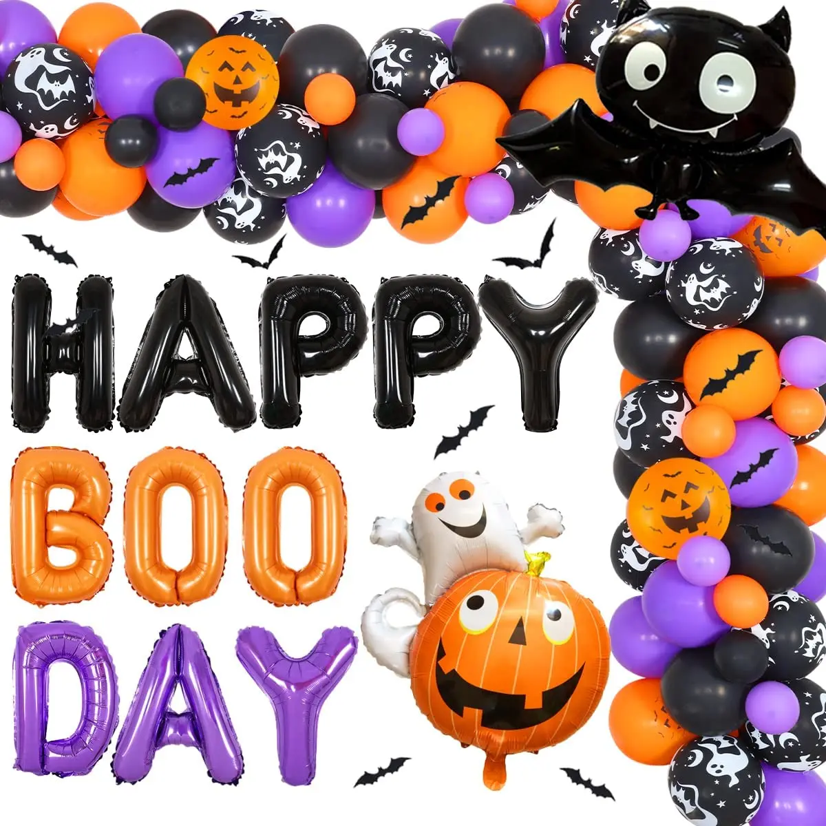 

Happy Boo Day Orange Balloon Garland Kit, Ghost Pumpkin Balloon, 3D Bat Wall Sticker, Birthday Party Decorations for Boys