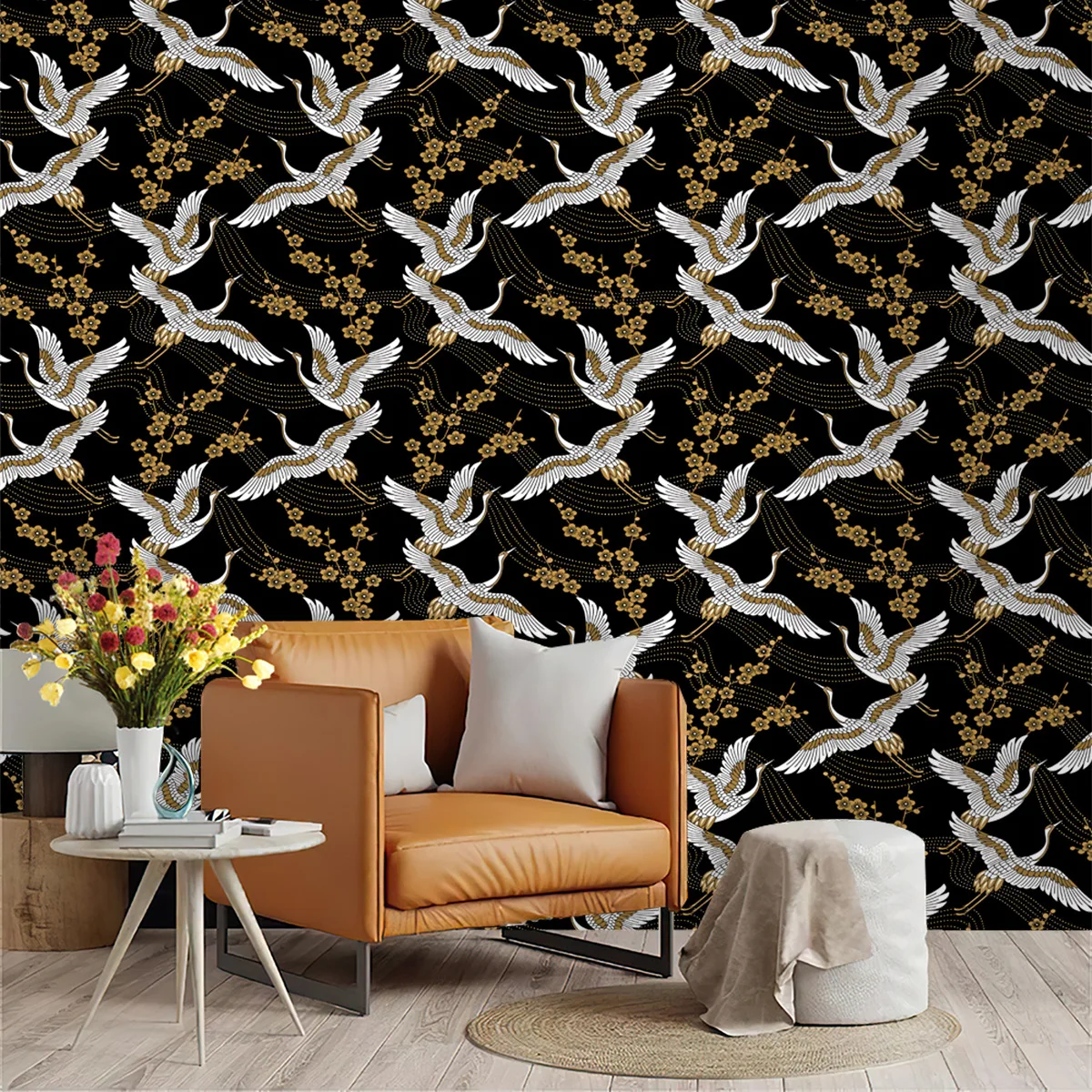 Japanese Crane Peel and Stick Wallpaper Heron Bird Vintage Floral Removable Self Adhesive Wallpaper for Bedroom Bathroom Mural