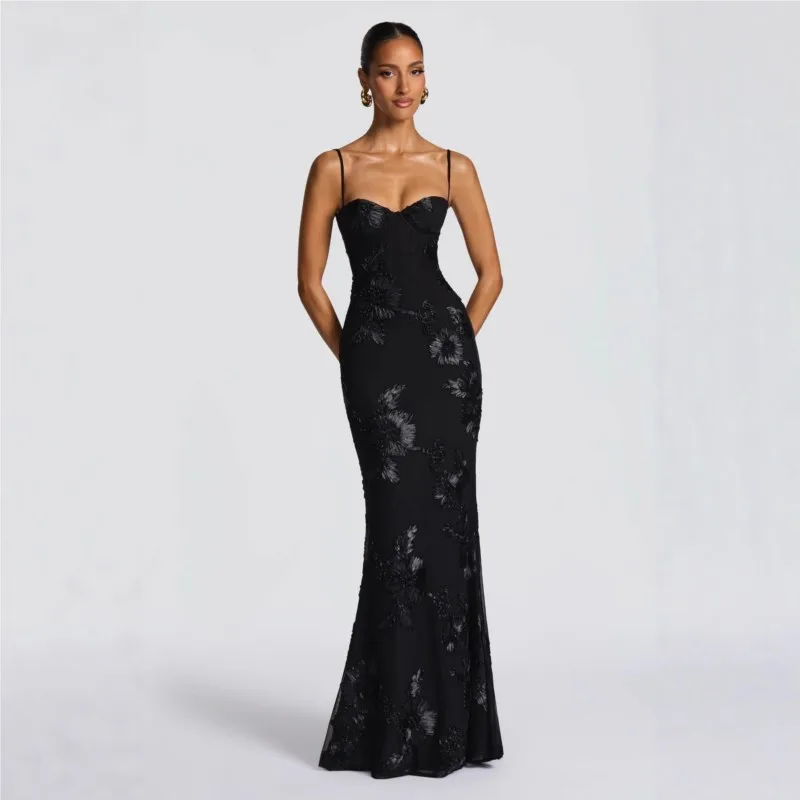 Modisches Trägerloses Sexy Maxikleid für Damen, Abendkleid mit Blumenapplikation und Schleifen, Ärmelloses Bodycon-Kleid für Abendveranstaltungen und Partys